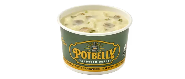 A rich Potbelly Menu item, the Potbelly Loaded Baked Potato, featuring a hearty potato soup topped with crispy bacon, melted cheddar cheese, and fresh green onions, served in a branded green cup against a black background, priced at $5.49 with 207 calories.