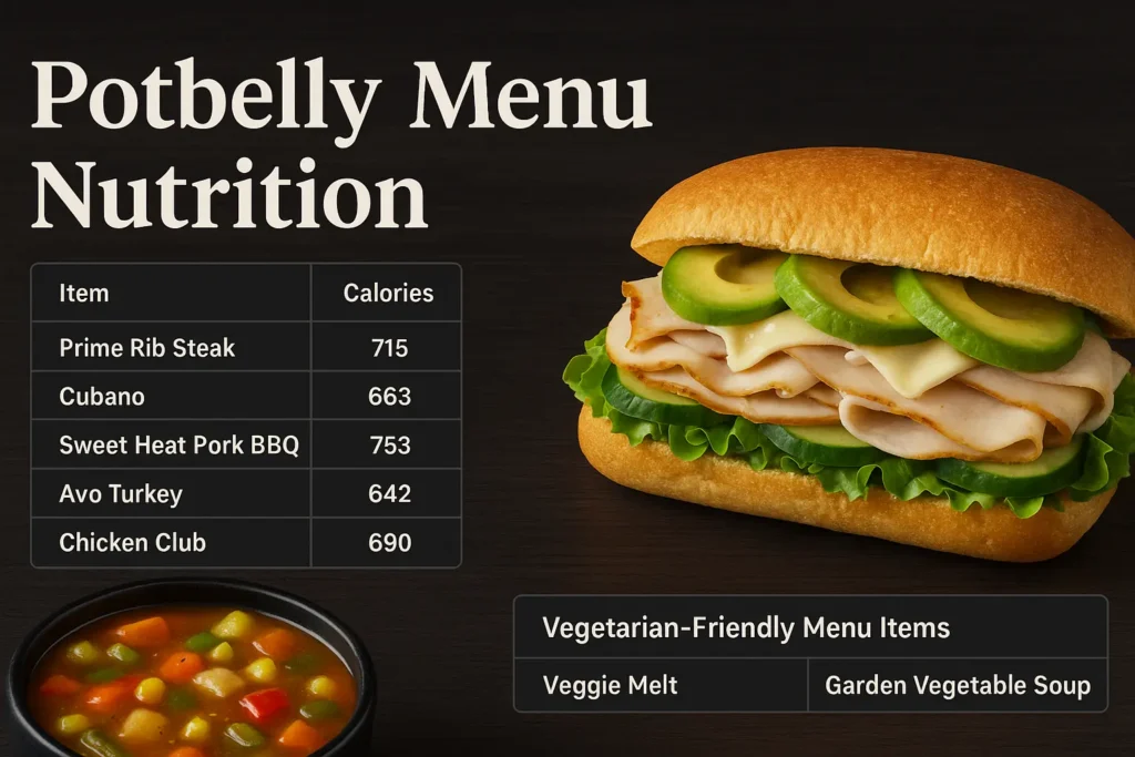 A detailed Potbelly Menu Nutrition guide featuring a chart on a warm orange background with black text, listing popular items like the Prime Rib Steak (715 cal), A Wreck (714 cal), and Farmhouse Salad (425 cal), with breakdowns of calories, protein, carbs, and fats for each dish, accompanied by small icons of sandwiches and salads, set against a black background.