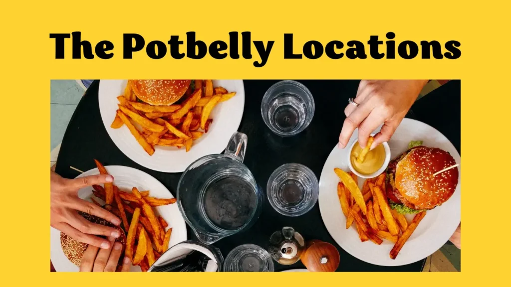 A Potbelly Locations guide featuring a map-style infographic with a warm orange and black design, highlighting various Potbelly Sandwich Shop locations across cities with red map pins, accompanied by a list of select locations like Chicago, IL, Washington, D.C., and New York, NY, with address icons, set against a black background, part of the Potbelly Menu.
